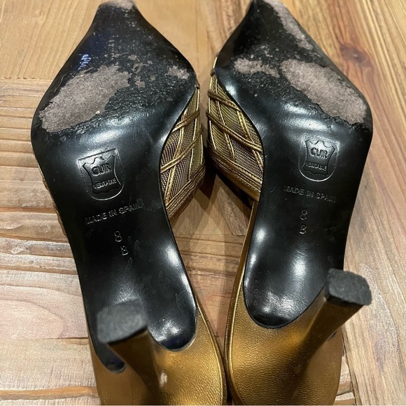 Women's gold bronze kitten heels metal metallic leather open back size 8 slides - Picture 12 of 15